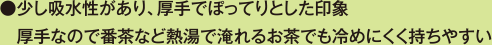 少し吸水性があり、厚手でぽってりとした印象 厚手なので番茶など熱湯で淹れるお茶でも冷めにくく持ちやすい